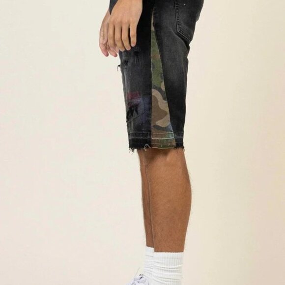 First Row MULTI CAMO PANELED RELEASED HEM DENIM SHORTS Jorts Size 36 NWT - Picture 2 of 4